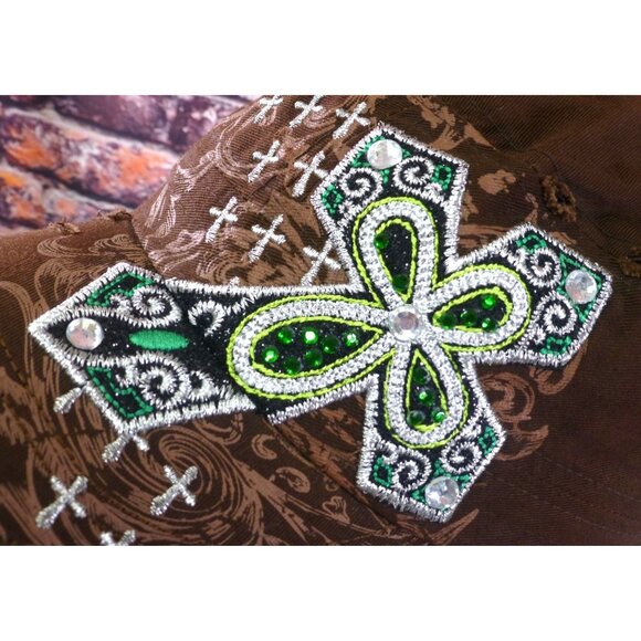 Brown Distressed Military Style Cap W/ Green Rhinestone Cross Embroidery Leader - Picture 2 of 7